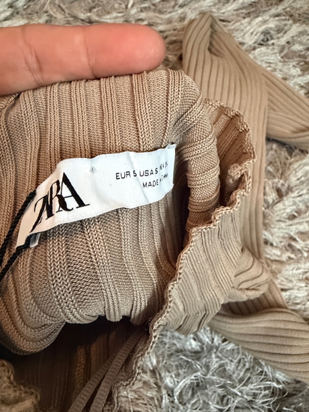 Zara Taupe Ribbed Mock Neck Cutout Ruched Front Top - Picture 4 of 4
